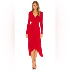 Alice and Olivia Elegant Red Midi Handkerchief Long Sleeve Dress with Cutouts